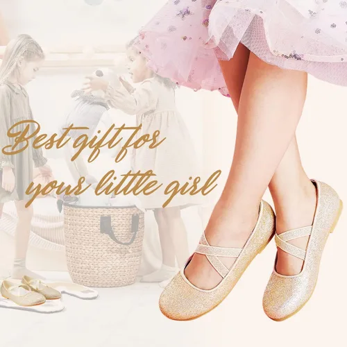 Vista 5 de W&LESVAGO Zapatos de ballet de princesa con purpurina para niñas con correa elástica, zapatos de vestir Mary Jane para niña, regreso a la escuela