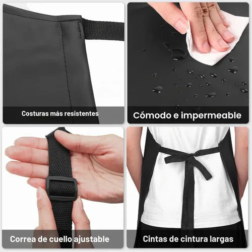 Vista 4 de Gotega Waterproof Rubber Apron Adjustable Dishwasher Apron Negro con 2 bolsillos