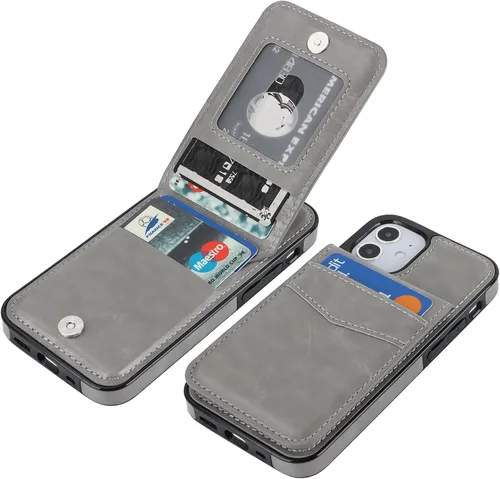 Vista 8 de KIHUWEY - Funda tipo cartera para iPhone 12 Mini, soporte para tarjetas, color negro Ranuras para tarjetas de crédito, piel sintética, cierre