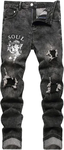 Vista 18 de Baylvn - Pantalones de mezclilla para hombre con diseño patchwork, ajustados y cómodos, estilo motociclista 3132 Camuflaje y azul