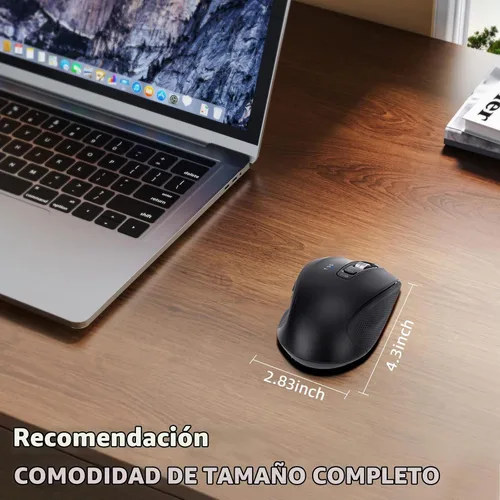Vista 6 de Mouse inalámbrico Bluetooth con USB-A, receptor USB-C, recargable, 3 dispositivos, tamaño completo, clic silencioso, mouse ergonómico para Negro