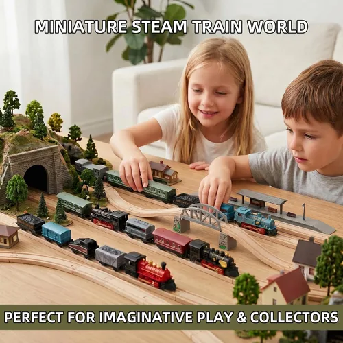 Vista 6 de Exasinine 4 Juegos de Modelos de Tren de Vapor con Locomotora de Metal Fundido a Presión con Retroceso para Exhibición o Juego - Decoración Ideal