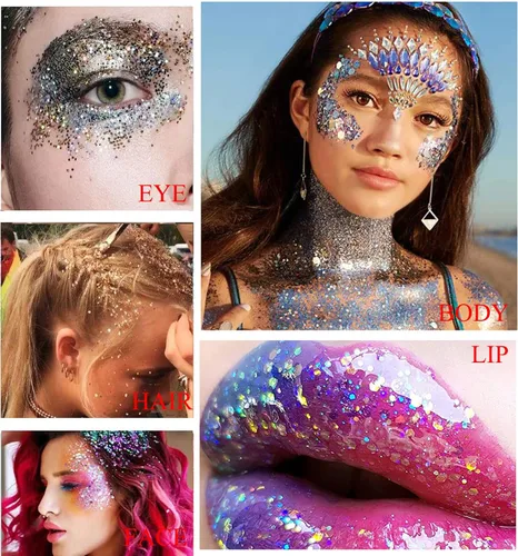 Vista 6 de Barra dorada con purpurina para el cuerpo, traje de Mardi Gras para mujeres y niños, brillante holográfico para fiestas, festivales, rave, Mardi
