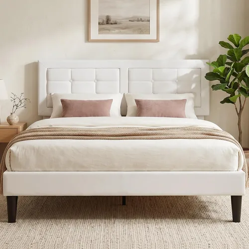 Vista 17 de VECELO Base de cama tamaño matrimonial, cabecera tapizada ajustable con botones, marco de cama resistente con soporte de listones de madera,