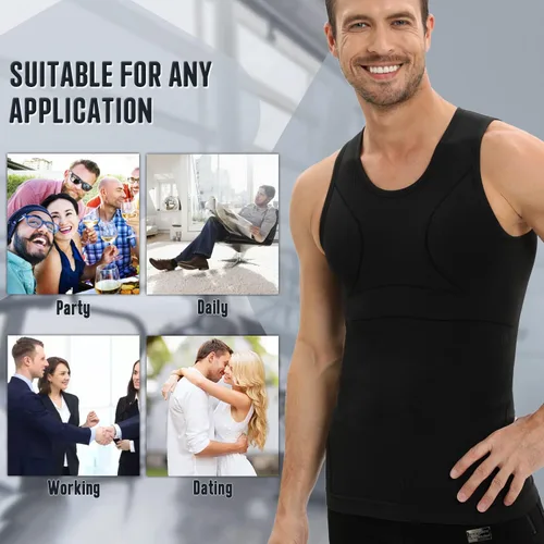 Vista 9 de PODFAN Camisa de compresión para hombre de ginecomastia, camiseta sin mangas adelgazante, chaleco moldeador de cuerpo para hombre, camisetas