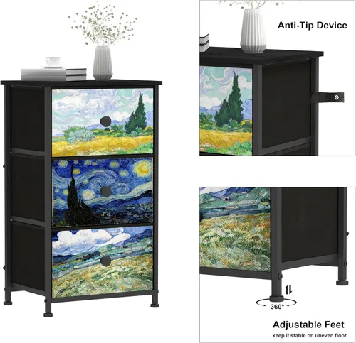 Vista 4 de Cómoda con 3 cajones Van Gogh, cómoda de cajones para dormitorio, mesa de noche estrecha, cómodas pequeñas y cofres de cajones para medio pasillo