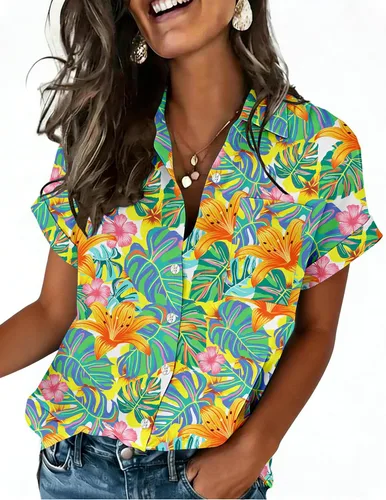 Vista 16 de Zeagoo Camisa de manga corta con botones para mujer, cuello en V, elegante, casual, para negocios, trabajo, con bolsillo, S-XXL
