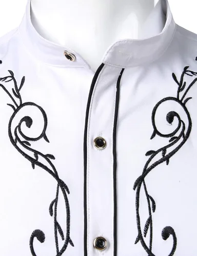 Vista 3 de ZEROYAA Camisas de vestir de manga larga con bordado floral para hombre, Blanco Negro