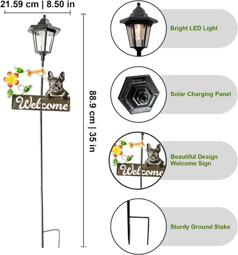 Vista 4 de Crosslight Letrero de bienvenida LED solar de Bulldog Francés, luz de estaca de jardín resistente a la intemperie para decoración al aire libre