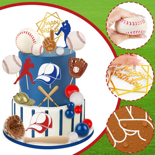 Vista 7 de Juego de 26 decoraciones de pastel de béisbol con mini bolas, jugador, gorras, guantes, murciélagos, adornos de pastel de cumpleaños de béisbol