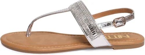 Vista 2 de NITTI Sandalias planas para mujer Correa en T con diamantes de imitación y hebilla de tobillo ajustable para mujer