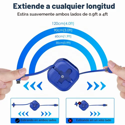 Vista 6 de Cable de Carga Múltiple de 4.5A, 4 Pies/Paquete de 2 Cargadores Múltiples para Todos los Dispositivos Cable Retráctil 3 en 1 para Automóvil Cable