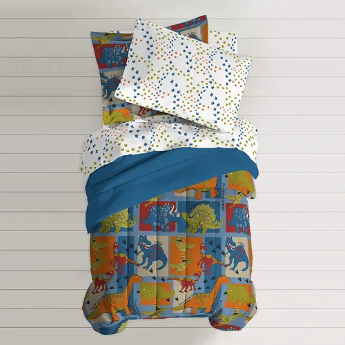Vista 3 de Dream Factory Dinosaur Blocks - Juego de edredón de microfibra ultrasuave para niños, color azul, tamaño individual Bloques de dinosaurios azules