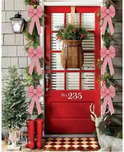 Vista 7 de Meseey 2 lazos grandes de 16 x 8 pulgadas de color rojo caramelo de Navidad para envolver regalos, decoración del árbol, puerta delantera