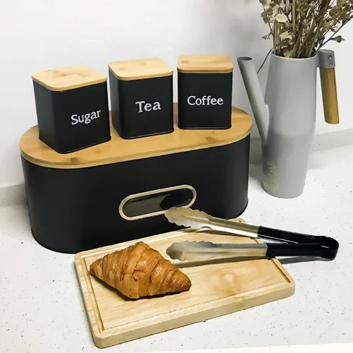 Vista 6 de SOTECH Juego de 3 recipientes de cocina para café, azúcar y té, tarros de metal con tapa de bambú, recipientes cuadrados negros para almacenamiento