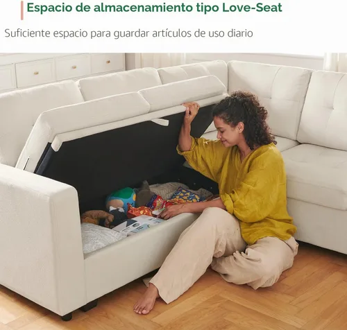 Vista 7 de HONBAY Sofá Seccional Cama Extraíble, Sofá Seccional en Forma de U con Chaise de Almacenamiento, Sofá Cama para Sala de Estar, Beige
