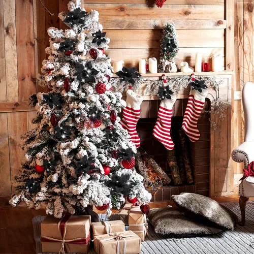 Vista 7 de WILLBOND 36 piezas de flores de Pascua navideñas de 3 tamaños para árbol de Navidad, flores falsas con purpurina, decoración, adornos de flor