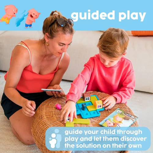 Vista 12 de SmartGames Three Little Piggies – Juego de rompecabezas lógico para preescolar con 48 desafíos y libro de cuentos – Rompecabezas educativo de cuento