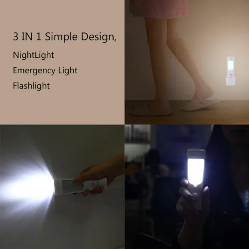 Vista 4 de Luz nocturna de pared con sensor de movimiento 4 en 1, luz LED de falla de energía, linternas de emergencia, linterna recargable, luz de corte