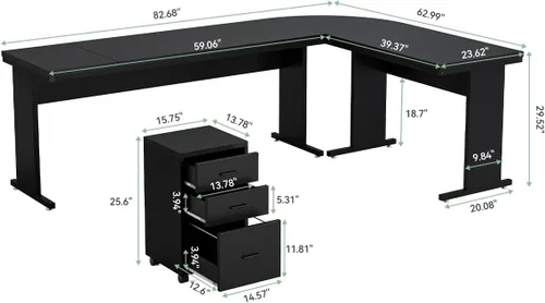 Vista 3 de LITTLE TREE Escritorio ejecutivo grande de 82.67 pulgadas de largo en forma de L para computadora con archivador móvil de 3 cajones, mueble