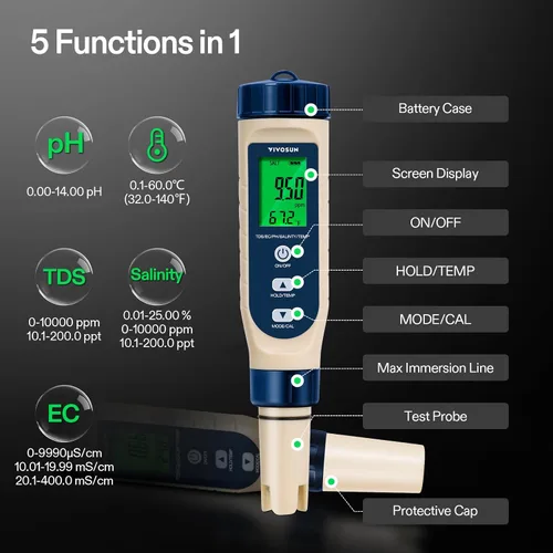 Vista 5 de VIVOSUN Medidor de pH digital 5 en 1 con función de PH/salinidad/TDS/EC/temperatura, pantalla de retroiluminación, IP67 impermeable para hidroponía