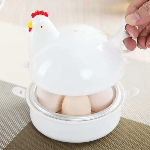 Vista 3 de Caldera de huevos para microondas, 4 capacidades escalfadoras de huevos, olla de huevo con forma de pollo, vaporera para desayuno en microondas