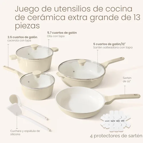 Vista 2 de SENSARTE Juego de utensilios de cocina de cerámica antiadherente de gran tamaño de 13 piezas, juego de ollas y sartenes saludables, juego de cocina