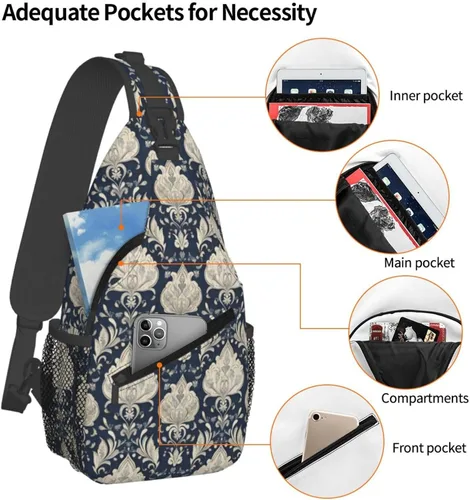 Vista 4 de Small Crossbody Bags for Women Men - Vintage Blue Damask Print Adjustable Shoulder Bag Fanny Packs Belt Sling Bag Crossbody Purses Backpack for