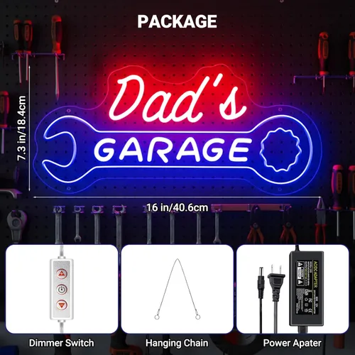 Vista 3 de Letrero de neón de garaje para papá, letrero LED personalizado con forma de llave, decoración de pared retro de mecánico de automóviles, letrero