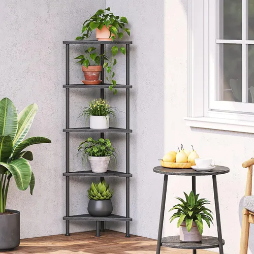 Vista 8 de HOOBRO Estante esquinero, estantería industrial de esquina de pared de 5 niveles con marco de metal, estante de exhibición de plantas, estantería
