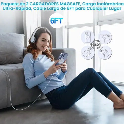 Vista 7 de [Certificado MFi de Apple] Cargador inalámbrico magnético para iPhone 17 16 15, 2 unidades de 6 pies y 15 W, cargador rápido Apple Mag-Safe USB C