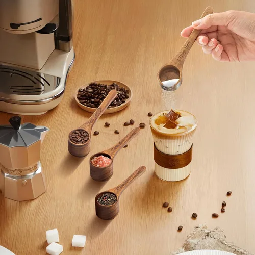Vista 4 de 4 cucharadas de madera de acacia, cucharas de café multiusos sólidas para tarros, cucharas de madera pequeñas para botes, sales de baño