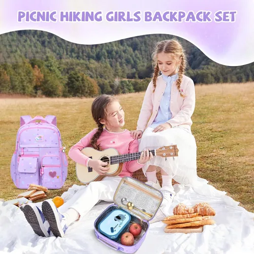 Vista 7 de Mochilas para niñas, escuela, lindas mochilas para niños, con lonchera aislada, juego para la escuela primaria, púrpura (Star Purple), Mochila