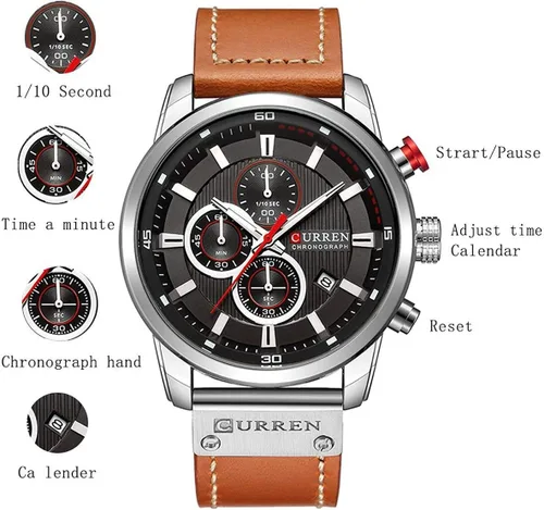 Vista 5 de Reloj de cuarzo analógico con correa de cuero para hombre, estilo clásico, informal, de acero inoxidable, impermeable, cronógrafo, fecha, analógico