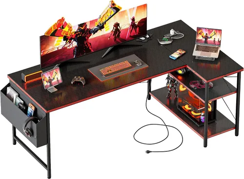 Vista 32 de Mericonia Escritorio pequeño en forma de L para computadora con tomas de corriente, escritorio de juegos para espacios pequeños, escritorio