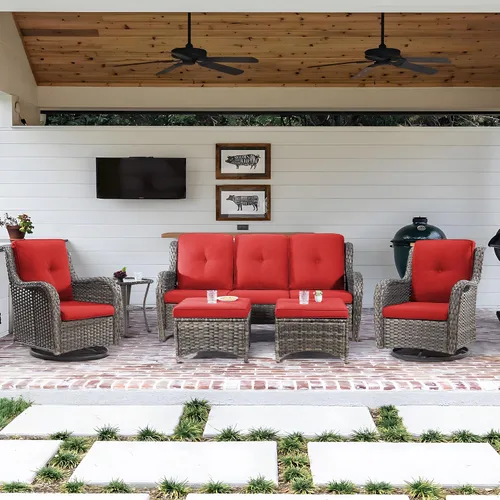 Vista 50 de Juego de 2 sillas de patio giratorias de 360 grados para exteriores y mesa auxiliar a juego – 3 sillas deslizantes de mimbre para patio con cojines