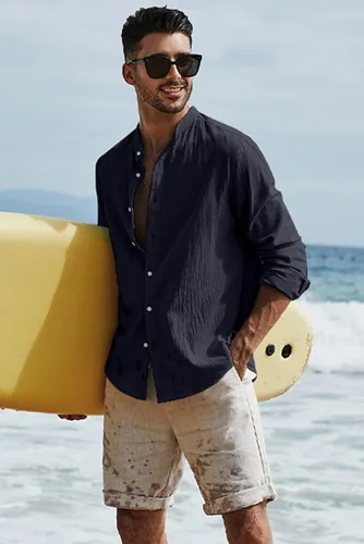 Vista 8 de JMIERR Camisas de algodón y lino para hombre, de verano, casual, de manga larga, cuello con botones, camisa de playa