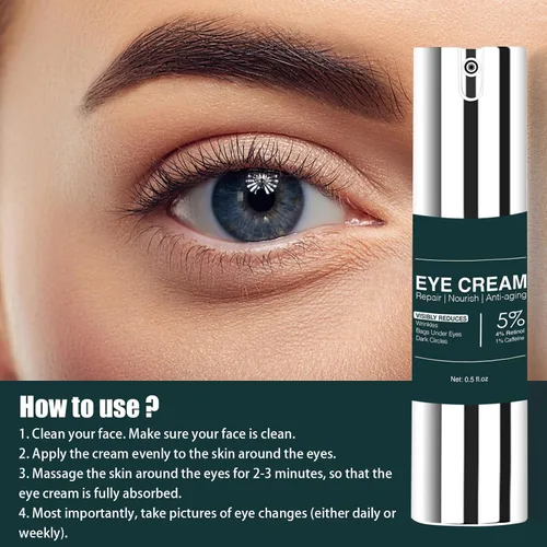 Vista 6 de Crema de ojos con retinol y cafeína para ojeras, hinchazón y arrugas, fórmula antienvejecimiento probada por dermatólogos, hidratación ligera