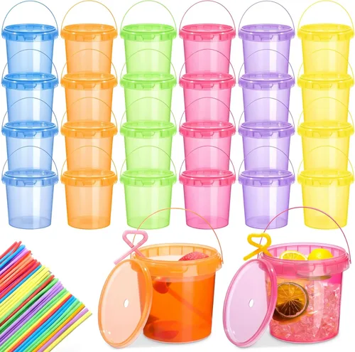 Vista 13 de Funnymoom Paquete de 36 cubos de plástico para ron para bebidas con pajita, cubeta de cóctel para helado, con tapas y asas, recipientes de alimentos