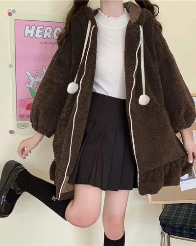 Vista 2 de BZB Sudaderas con capucha de conejo de anime Kawaii para mujer, suéter de conejo mullido y mullido para cosplay, abrigos