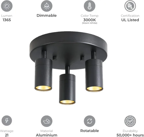 Vista 5 de Shura - Lámpara de techo LED redonda integrada de 3 luces negras con cabezales giratorios, luz de techo ajustable de montaje empotrado, 3000 K, 1365