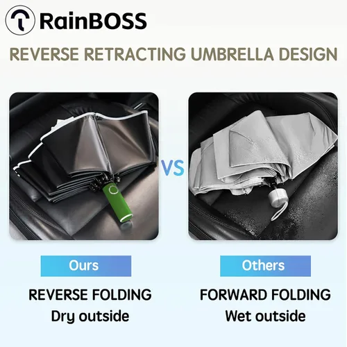 Vista 3 de RainBOSS Automatic Travel Umbrella with 10 Ribs, Large Windproof Umbrellas for Rain & Sun, Compact Folding Inverted Umbrella with Reflective Stripe