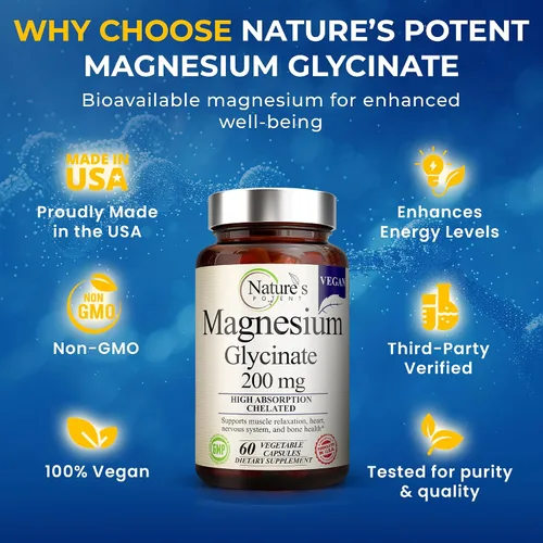 Vista 4 de Nature's Potent Glicinato de magnesio 200 mg Magnesio quelado de alta absorción Apoyo para dormir, calma y calambres musculares Suplemento