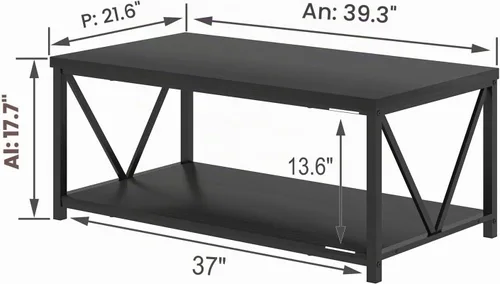 Vista 2 de EXCEFUR Mesa de centro pequeña, mesas modernas para sala de estar con estante de almacenamiento, mesa central rectangular de madera rústica, mesa