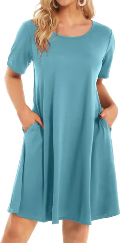 Vista 40 de Vestidos de verano para mujer, informales, holgados, estilo camiseta, florales, de manga corta, con vuelo y bolsillos, para la playa