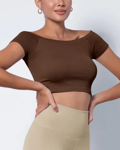Vista 4 de ODODOS Paquete de 2 camisetas cortas con hombros descubiertos para mujer, manga corta, sin costuras, camisetas acanaladas