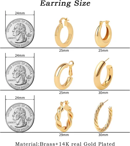 Vista 2 de Juego de aretes de aro chapados en oro real de 14 quilates, hipoalergénicos, gruesos y gruesos, joyería gruesa para múltiples piercings, regalo