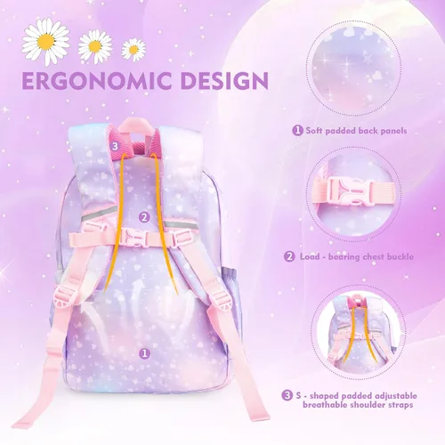 Vista 3 de Mochila Kawaii Rainbow para niñas Lindas bolsas escolares estrelladas para niños y adolescentes con estuche de felpa para bolígrafos y juego de 6