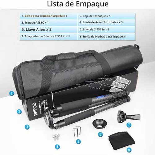 Vista 8 de ARTCISE Trípode de fibra de carbono AS88C con cuenco de 2.953 in y adaptador, trípode para cámara resistente, 10 capas, tubo de pierna de 1.417 in