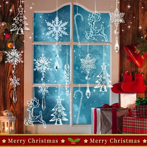 Vista 3 de Eygeufg 18 adornos colgantes de cristal acrílico con forma de copo de nieve y carámbanos, decoraciones tradicionales blancas de Navidad